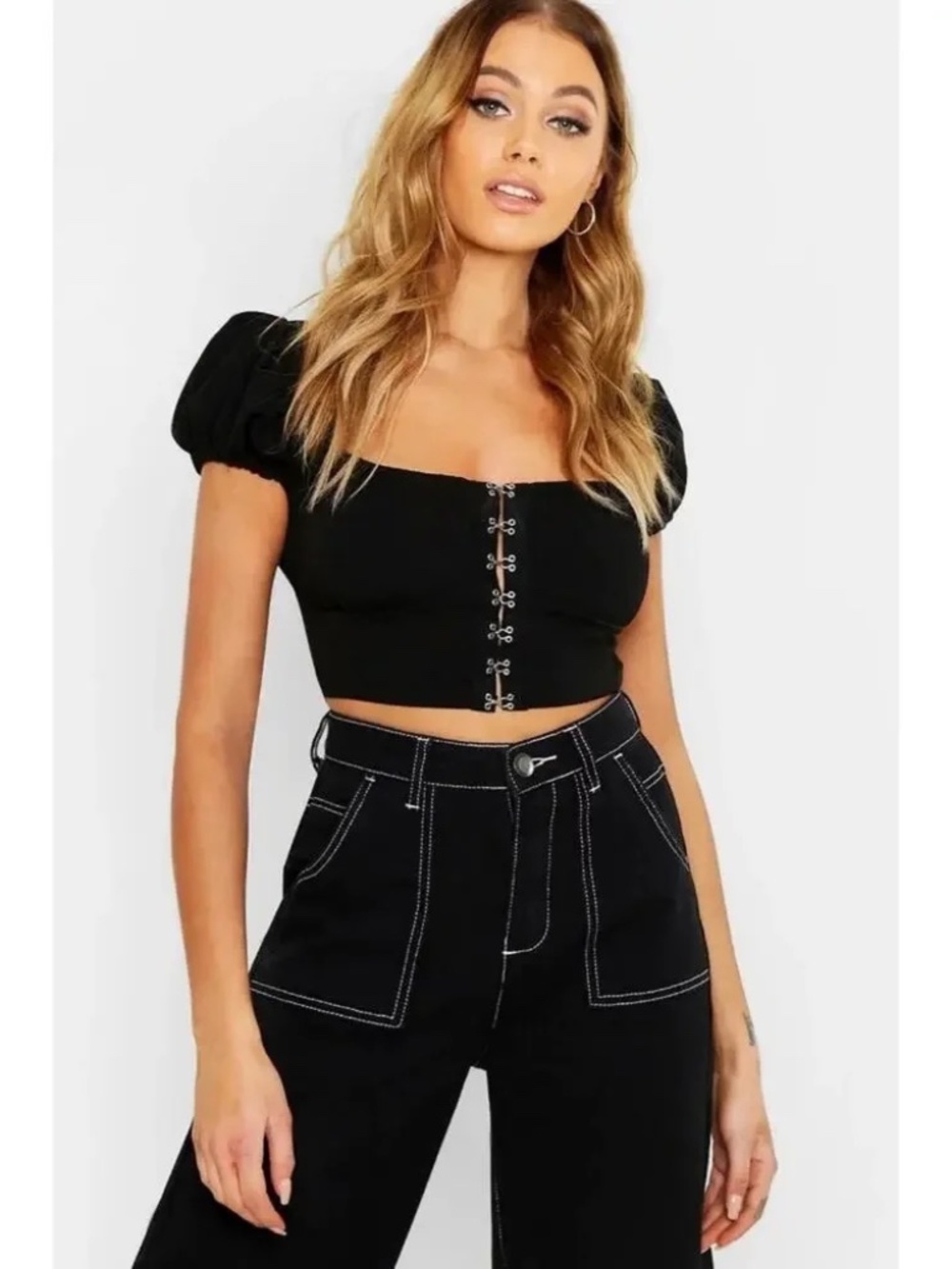 Fashion Nova Size Medium M Hook and Eye Puff Sleeve Peasant Crop Top lot6349